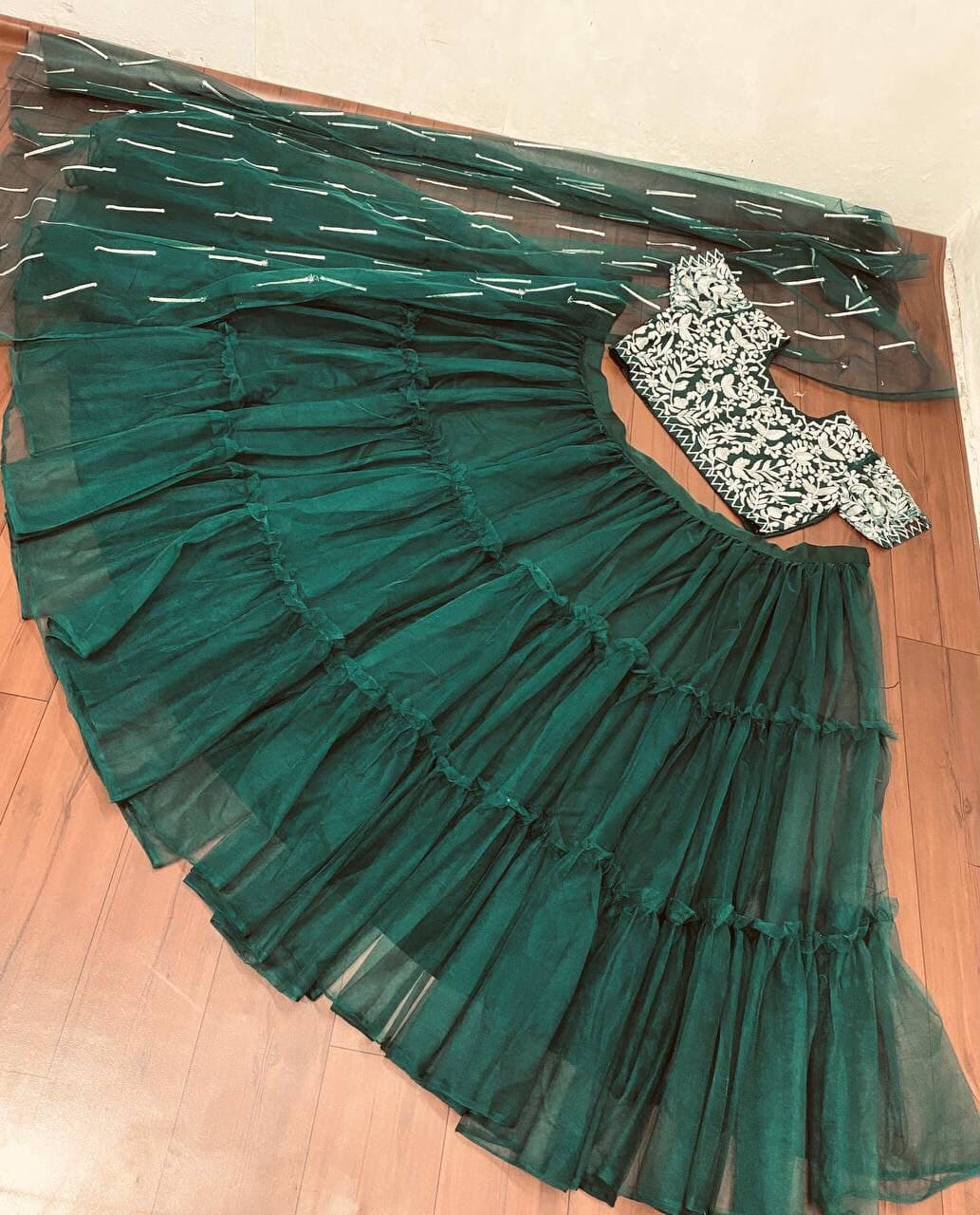 Green Lehenga Choli In Butterfly Mono Net With 3 Step Ruffles