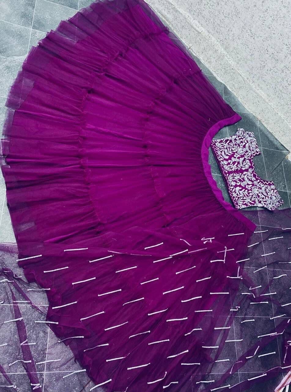 Purple Lehenga Choli In Butterfly Mono Net With 3 Step Ruffles