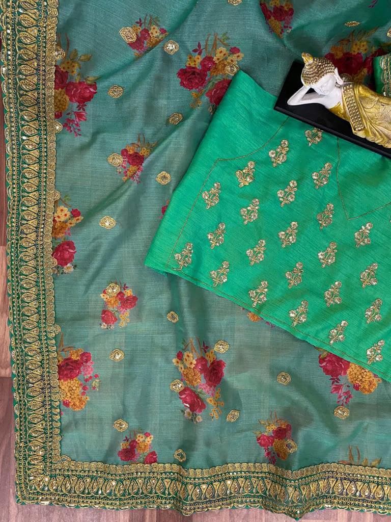 Aqua Green Saree In Organza Silk With Digital Print