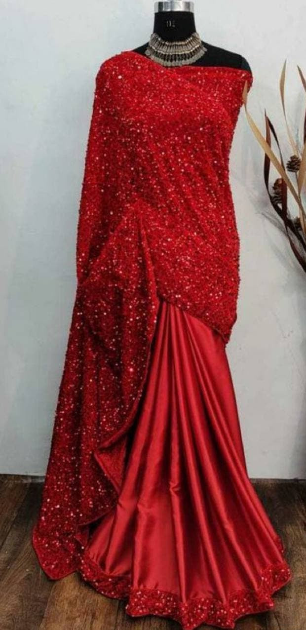 Red Saree In Velvet Silk With Sequence Work