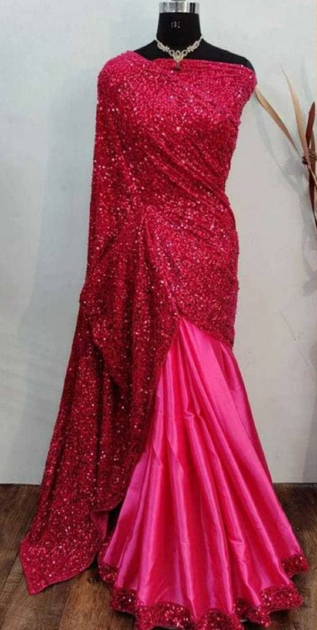 Rani Pink Saree In Velvet Silk With Sequence Work