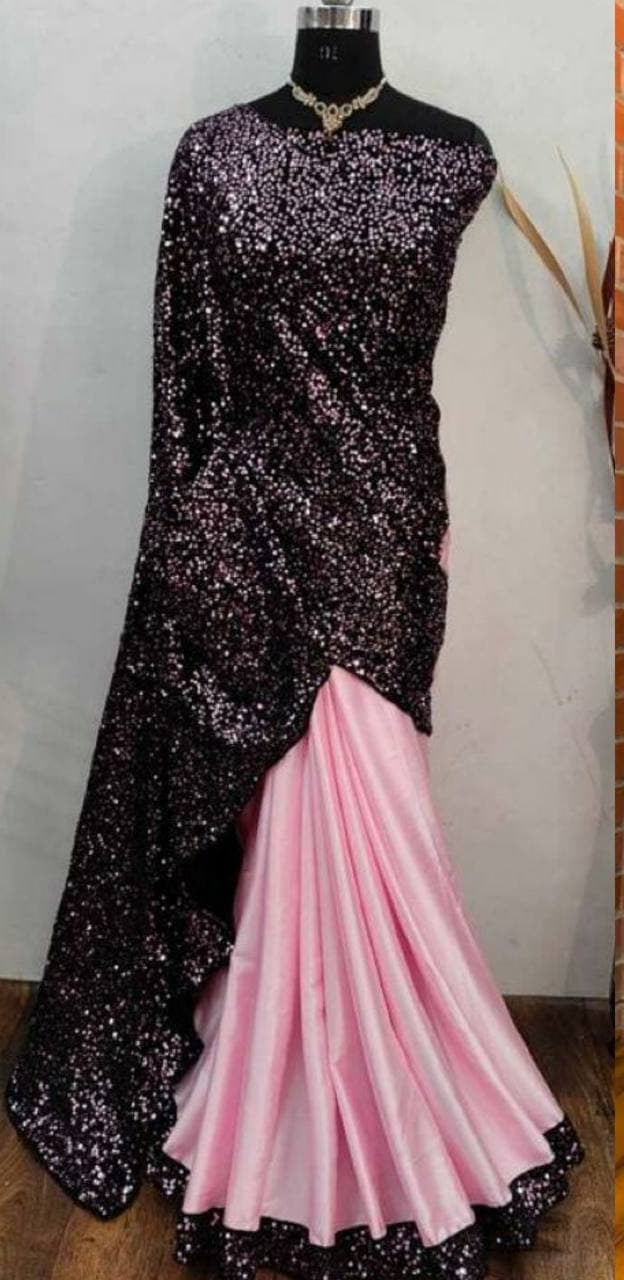 Pink Saree In Velvet Silk With Sequence Work