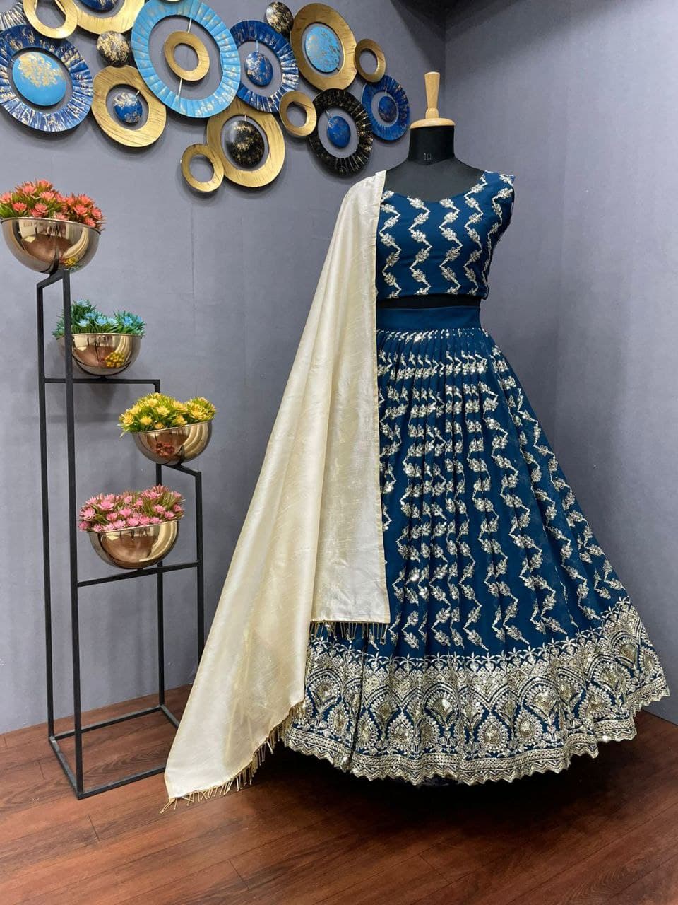 Rama Lehenga Choli In Georgette Silk With Embroidery Sequence Work