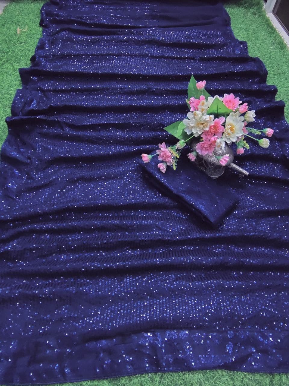 Navy Blue Saree In Georgette Silk With Sequence Work