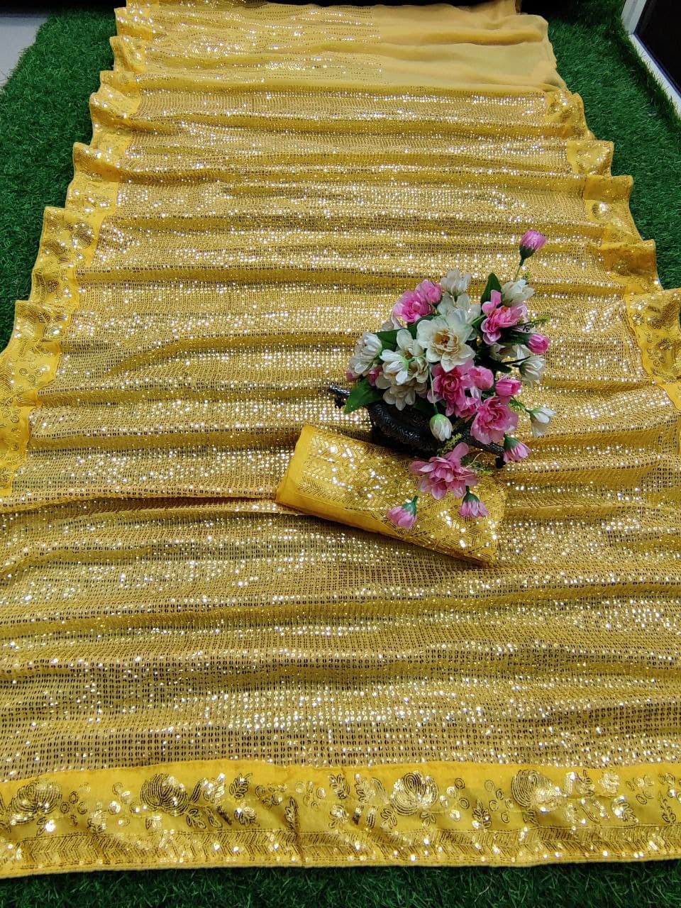 Mustard Yellow Saree In Georgette Silk With Sequence Work