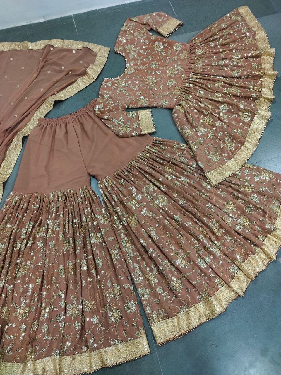 Light Brown Sharara Suit In Fox Georgette With Embroidery Work