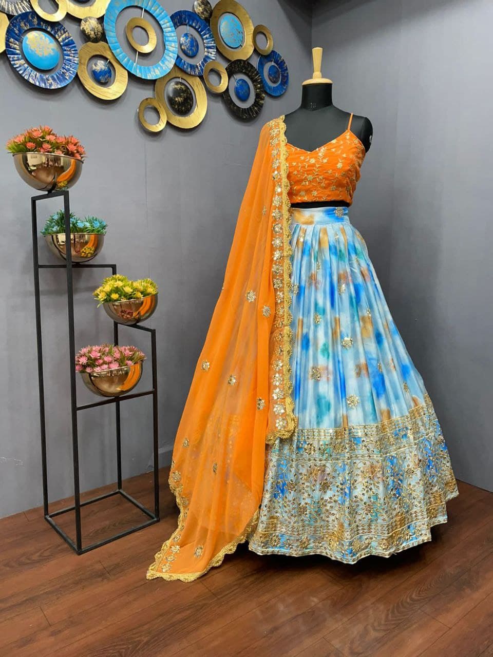 Sky Blue Lehenga Choli In Chinon Silk With Embroidery Work