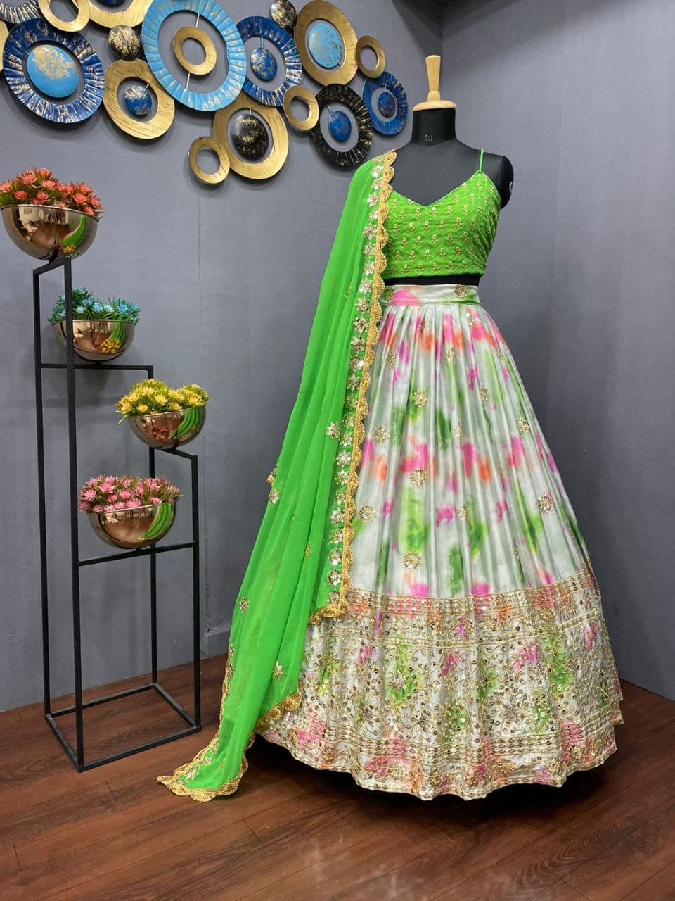 Light Green Lehenga Choli In Chinon Silk With Embroidery Work