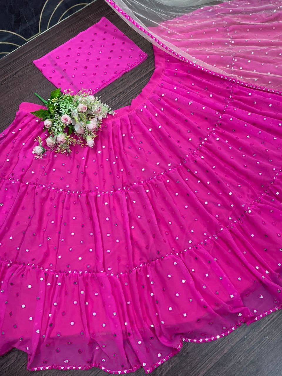 Rani Pink Lehenga Choli In Georgette Silk With Embroidery Mirror Work