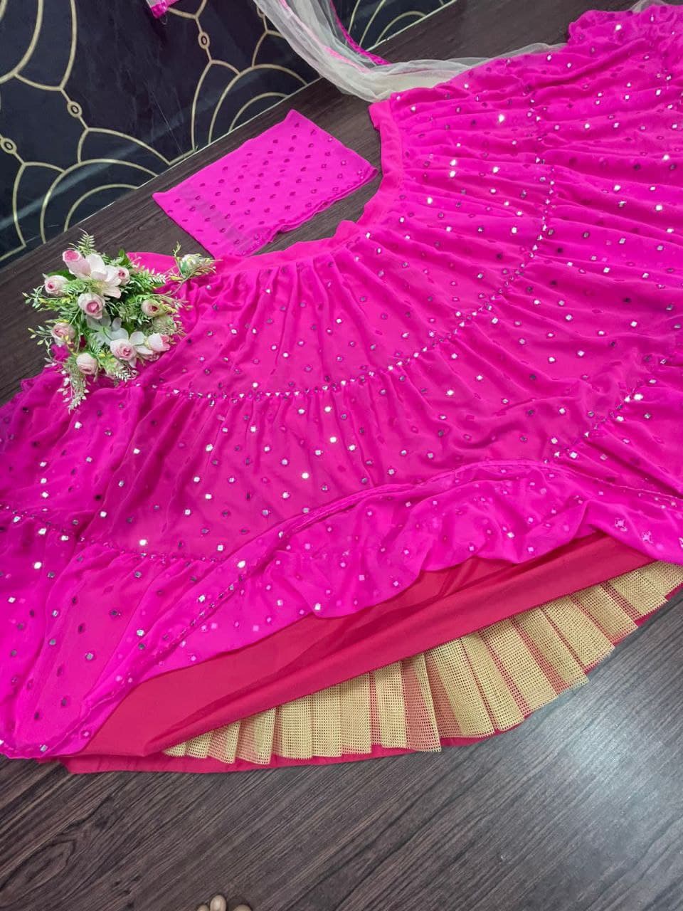 Rani Pink Lehenga Choli In Georgette Silk With Embroidery Mirror Work