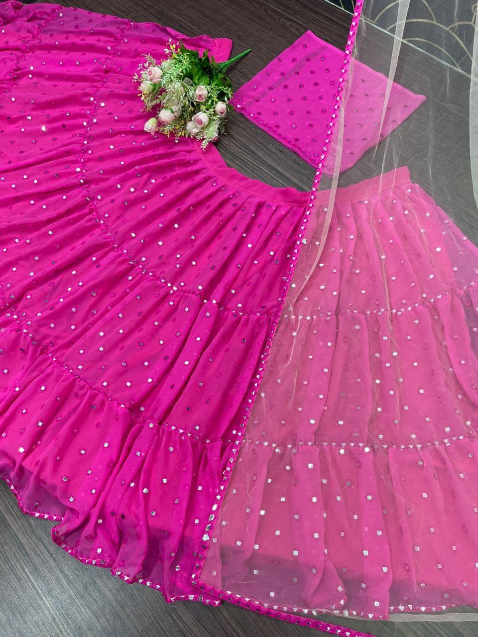 Rani Pink Lehenga Choli In Georgette Silk With Embroidery Mirror Work