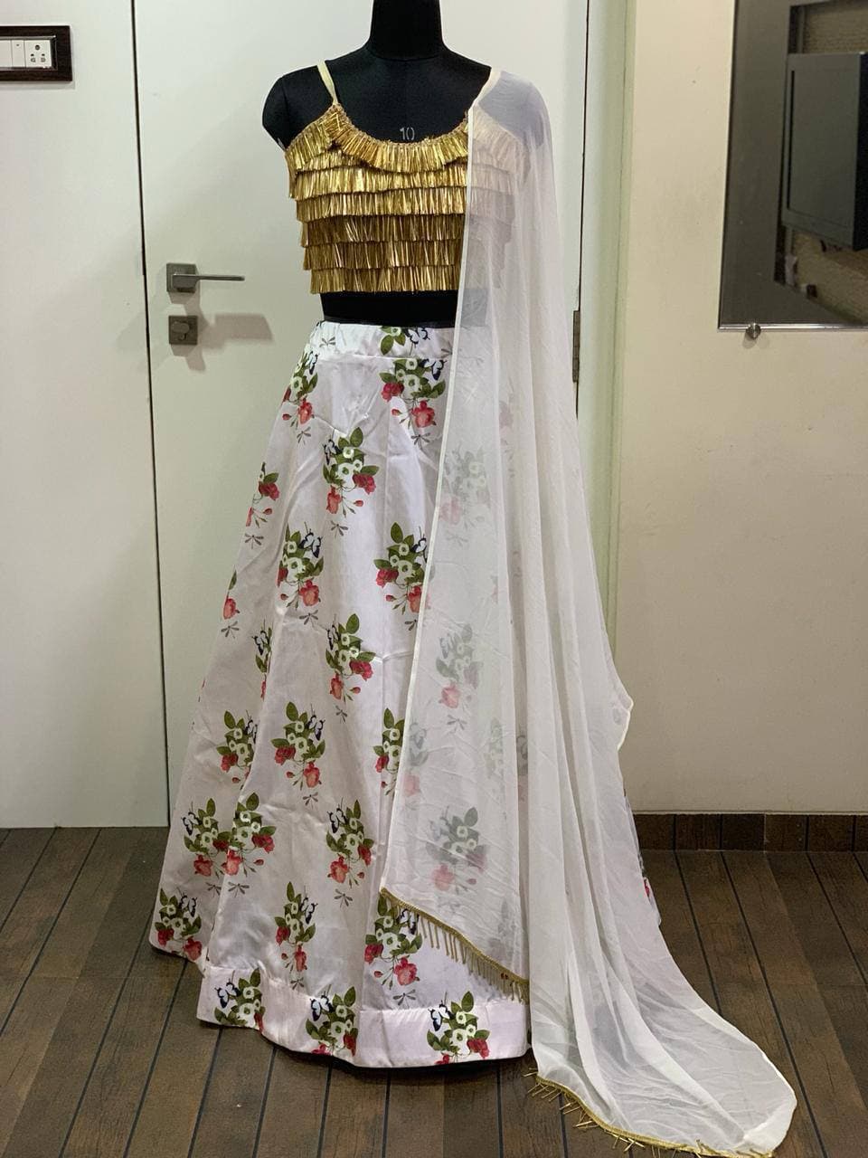 White Lehenga Choli In Taffeta Silk With Digital Print