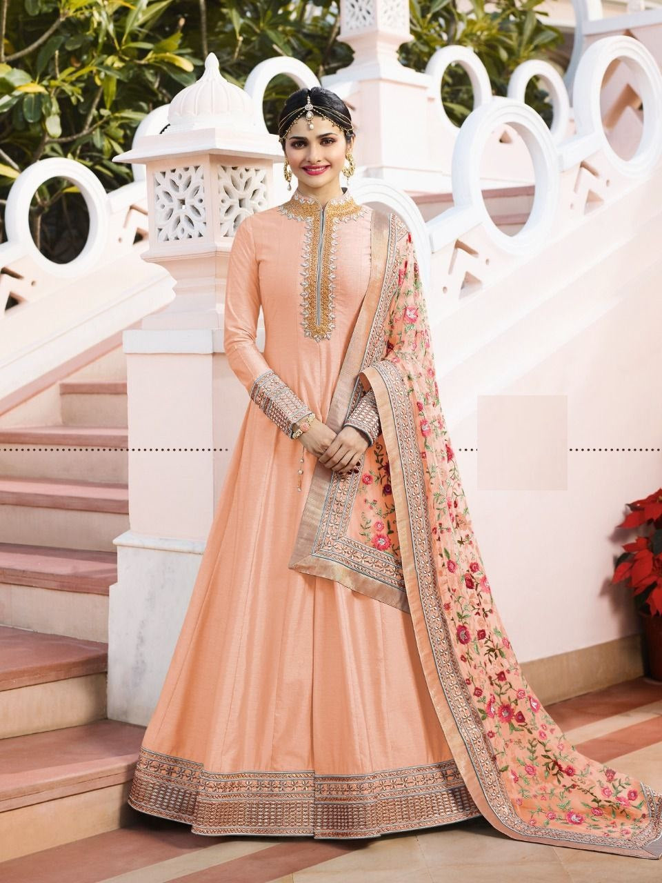 Peach Anarkali Suit In Dola Silk With Embroidery Work