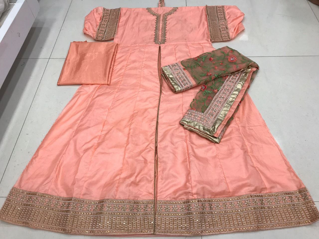 Peach Anarkali Suit In Dola Silk With Embroidery Work