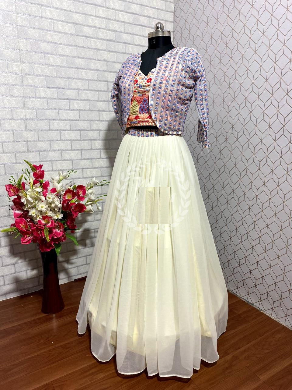 Cream Lehenga Choli In Chiffon