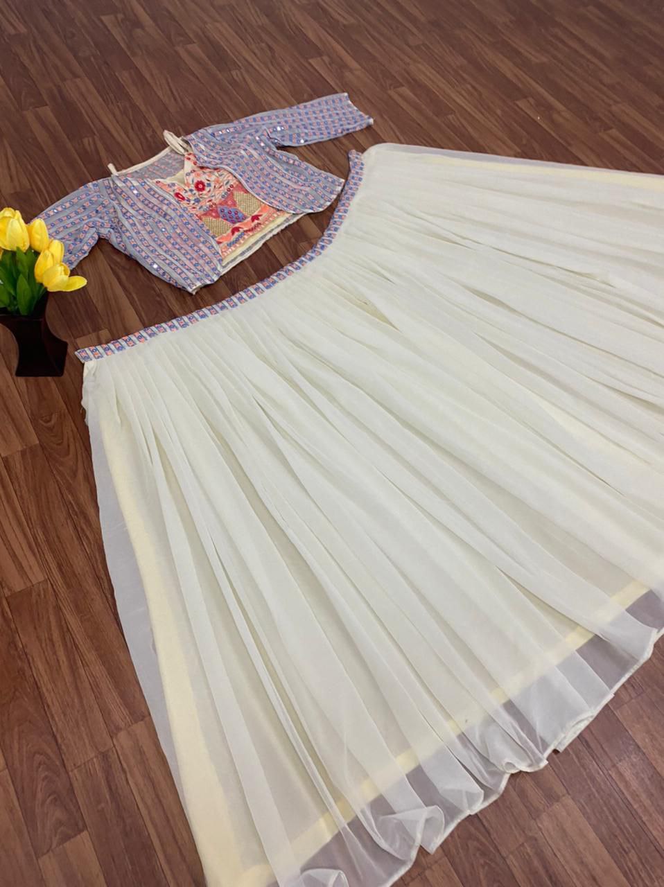 Cream Lehenga Choli In Chiffon