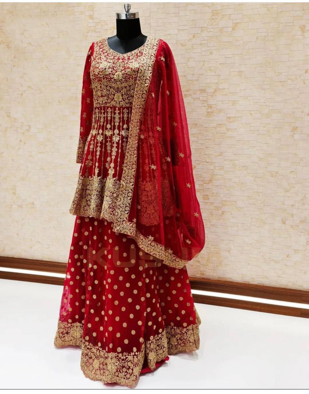 Red Lehenga Choli In Nylon Mono Net With Chain Stitch Work