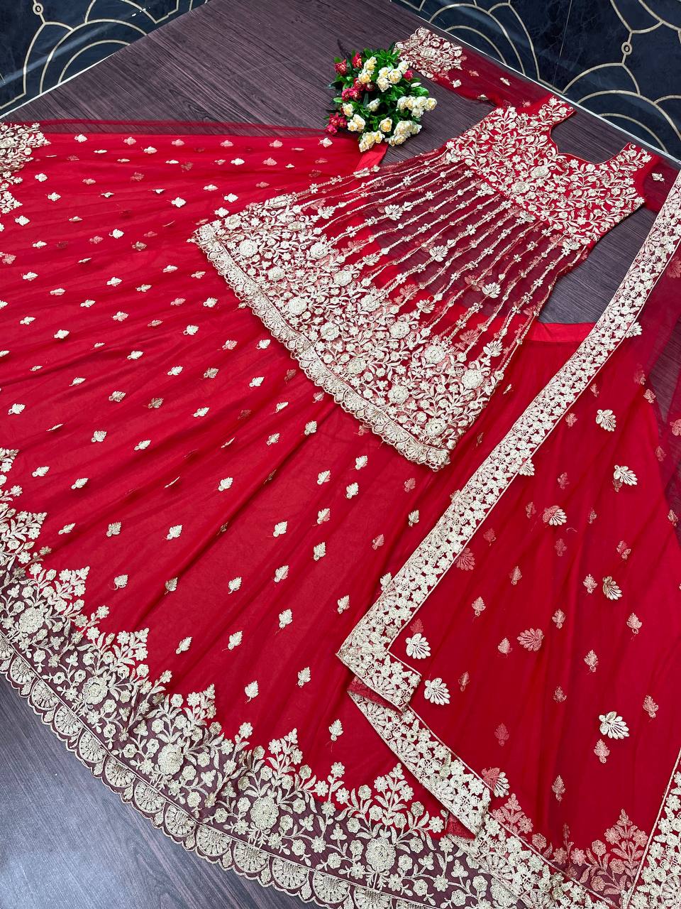 Red Lehenga Choli In Nylon Mono Net With Chain Stitch Work