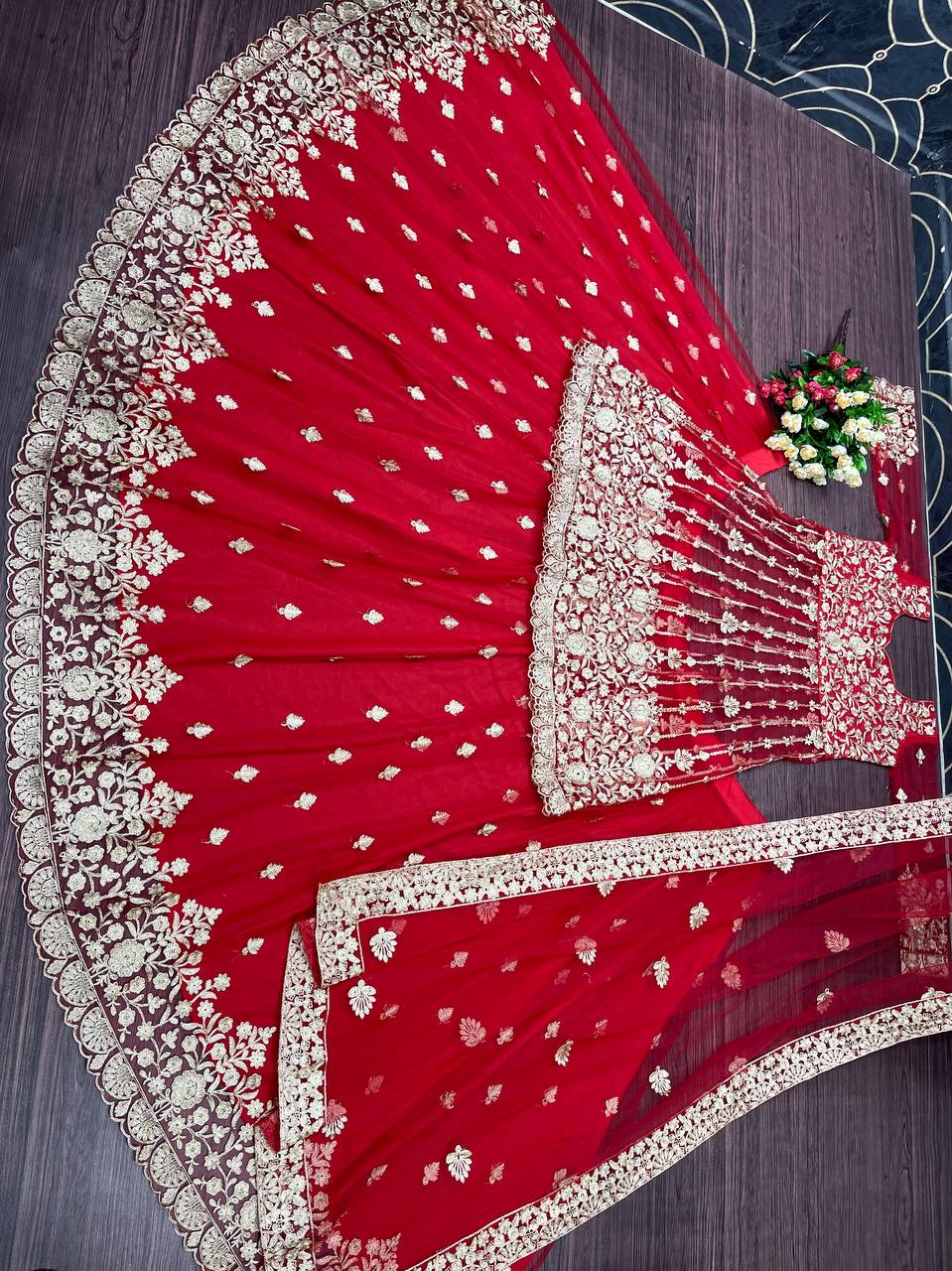 Red Lehenga Choli In Nylon Mono Net With Chain Stitch Work