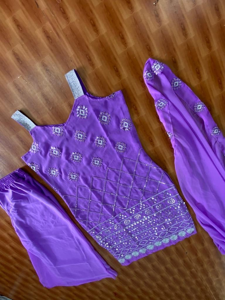 Lavender Sharara Suit In Fox Georgette Silk With Thread Work