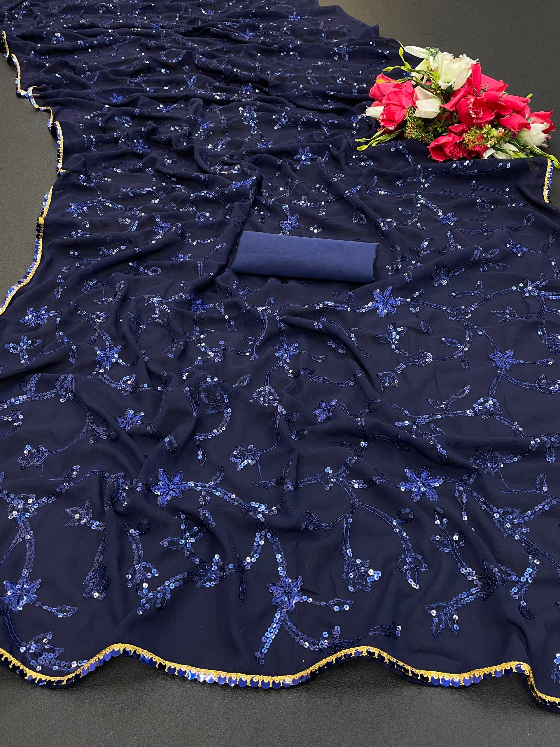 Navy Blue Saree In 60 GM Georgette With Sequence Work