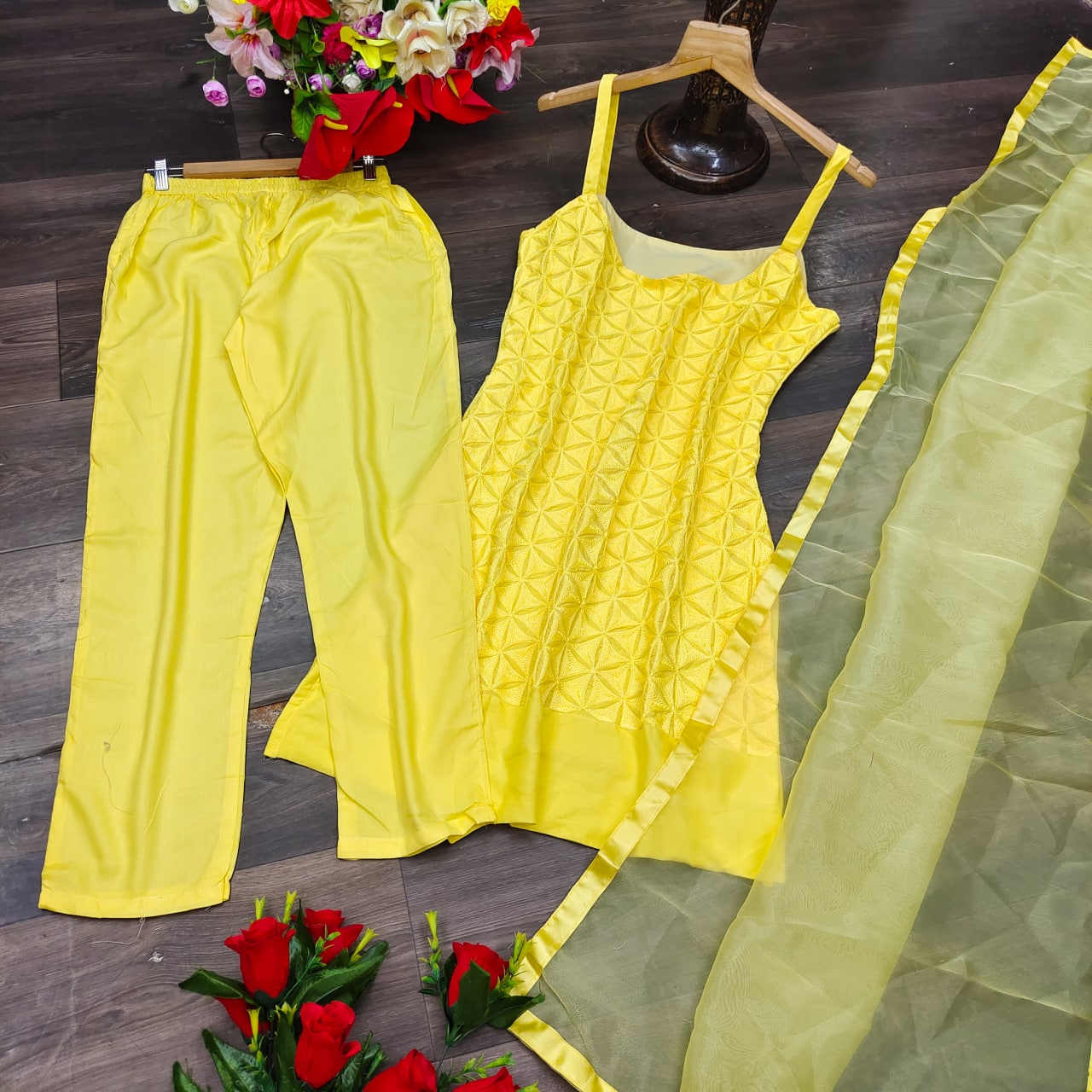 Yellow Salwar Suit In Pure Cotton With Chain Stitch Work