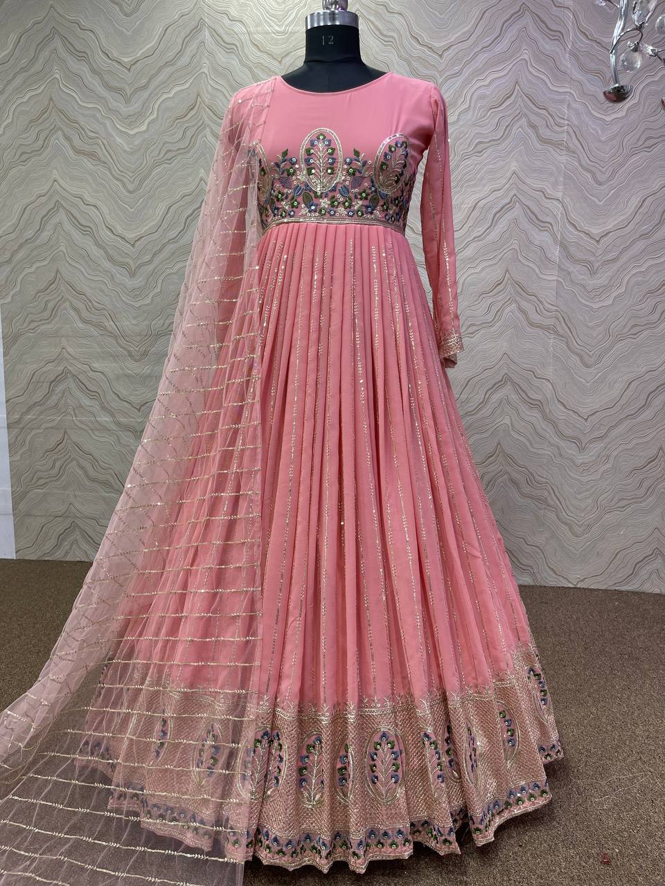 Pink Gown In Fox Georgette With Embroidery Work