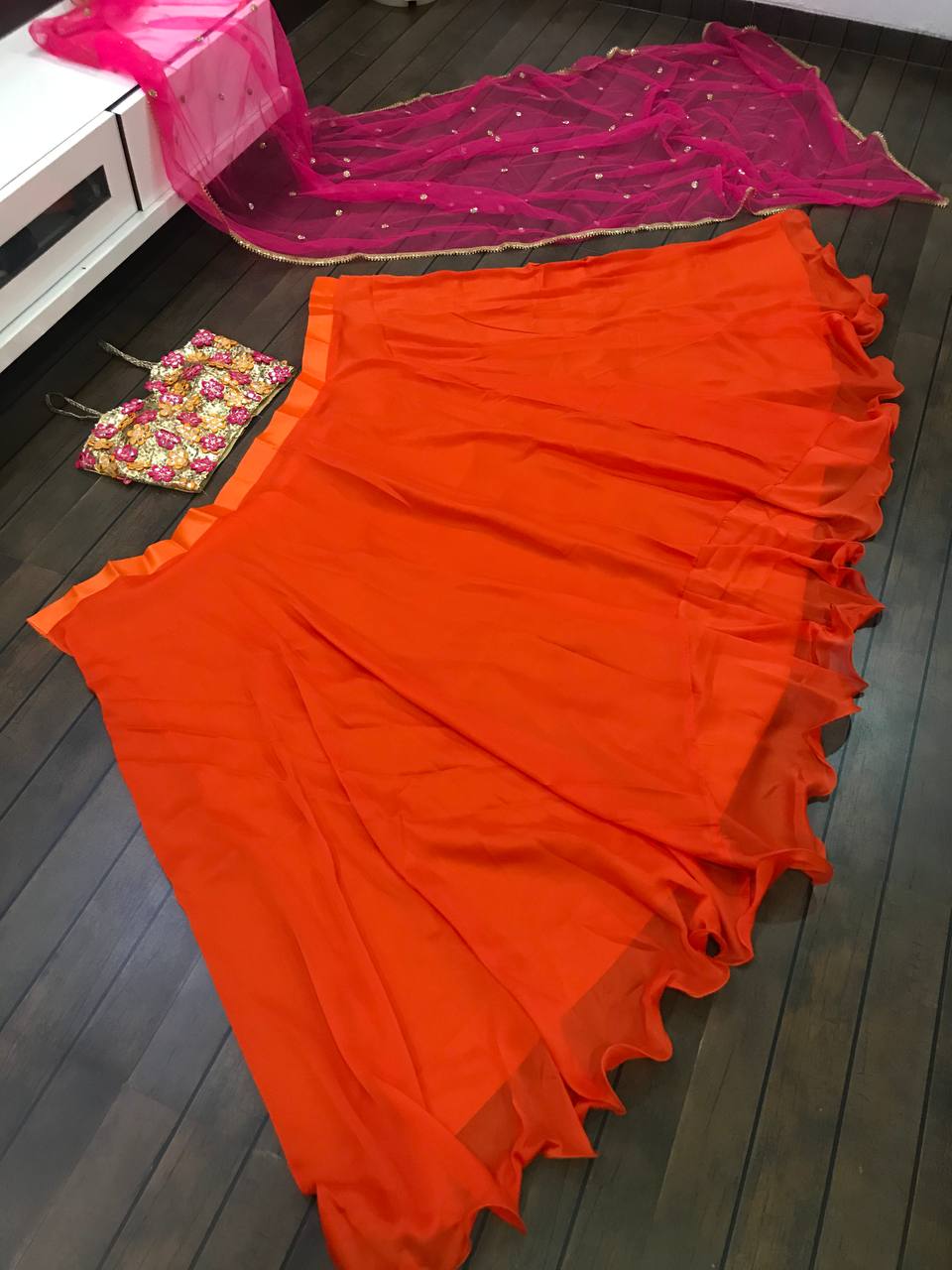 Orange Lehenga Choli In Kasturi Silk With Plain