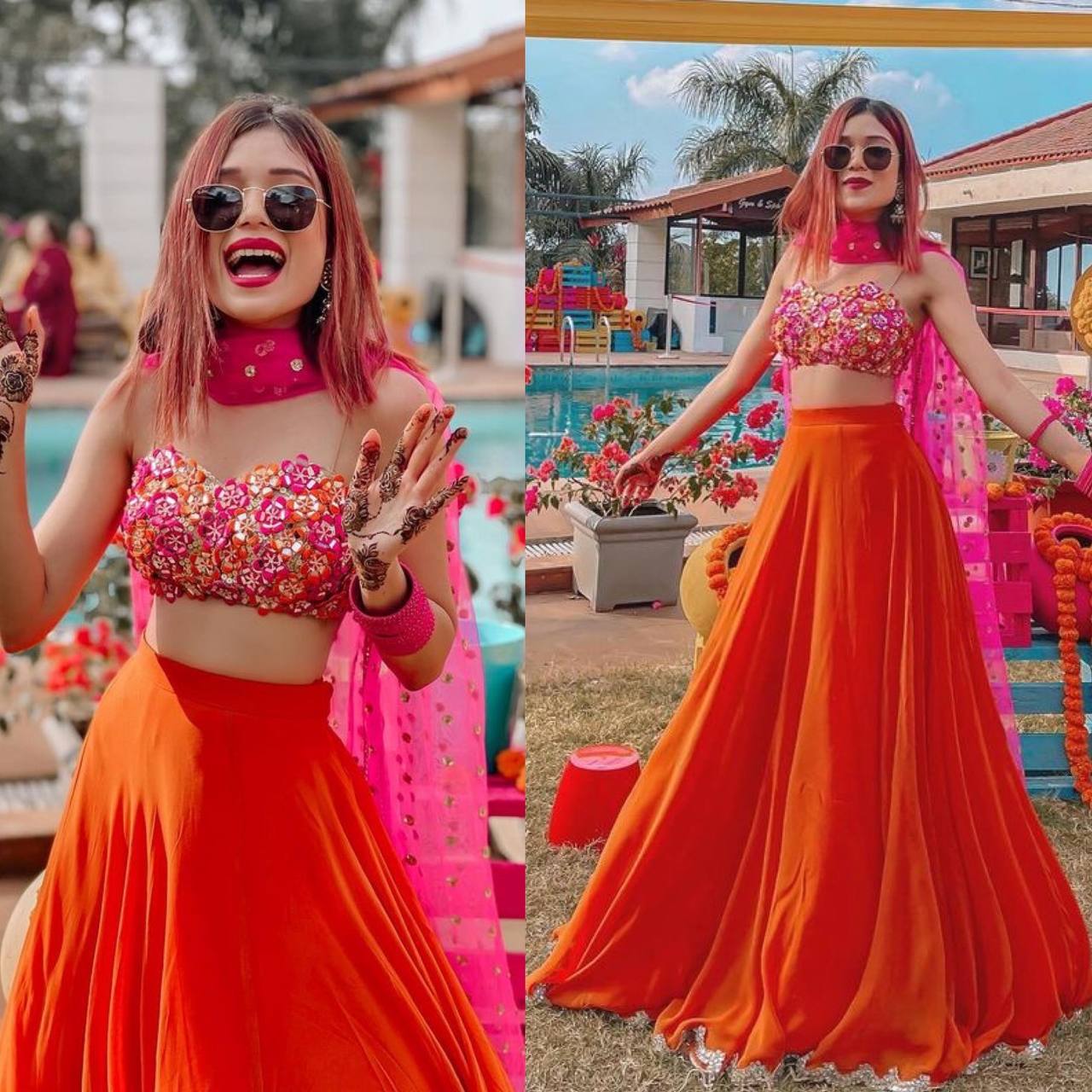 Photo of Hot Pink and Orange Lehenga | Orange lehenga, Indian bridal dress,  Bridal lehenga red