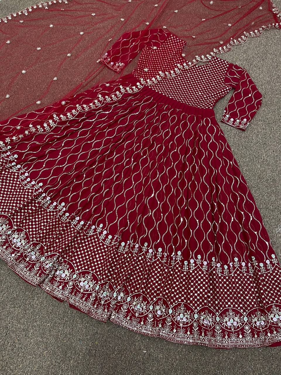 Maroon Gown In Fox Georgette With Embroidery Work