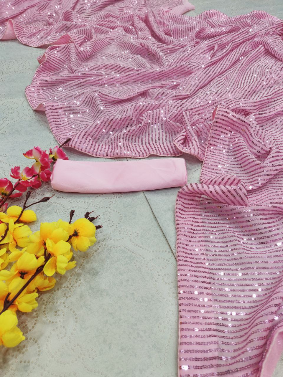 Pink Saree In Georgette Silk With Sequence Work