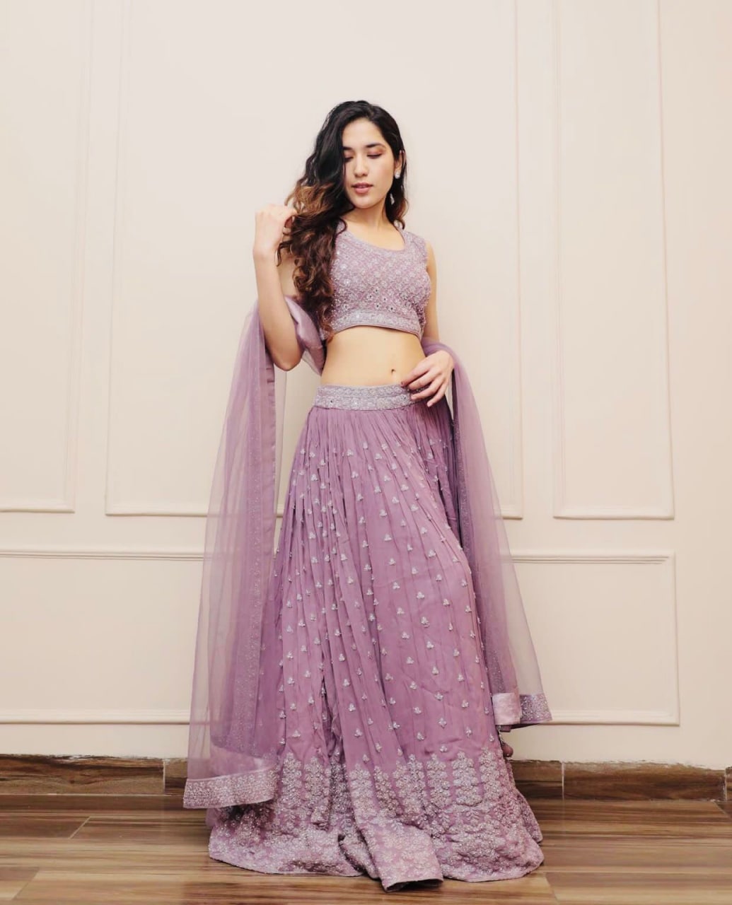 Purple Lehenga Choli In Nylon Mono Net With Cording Work