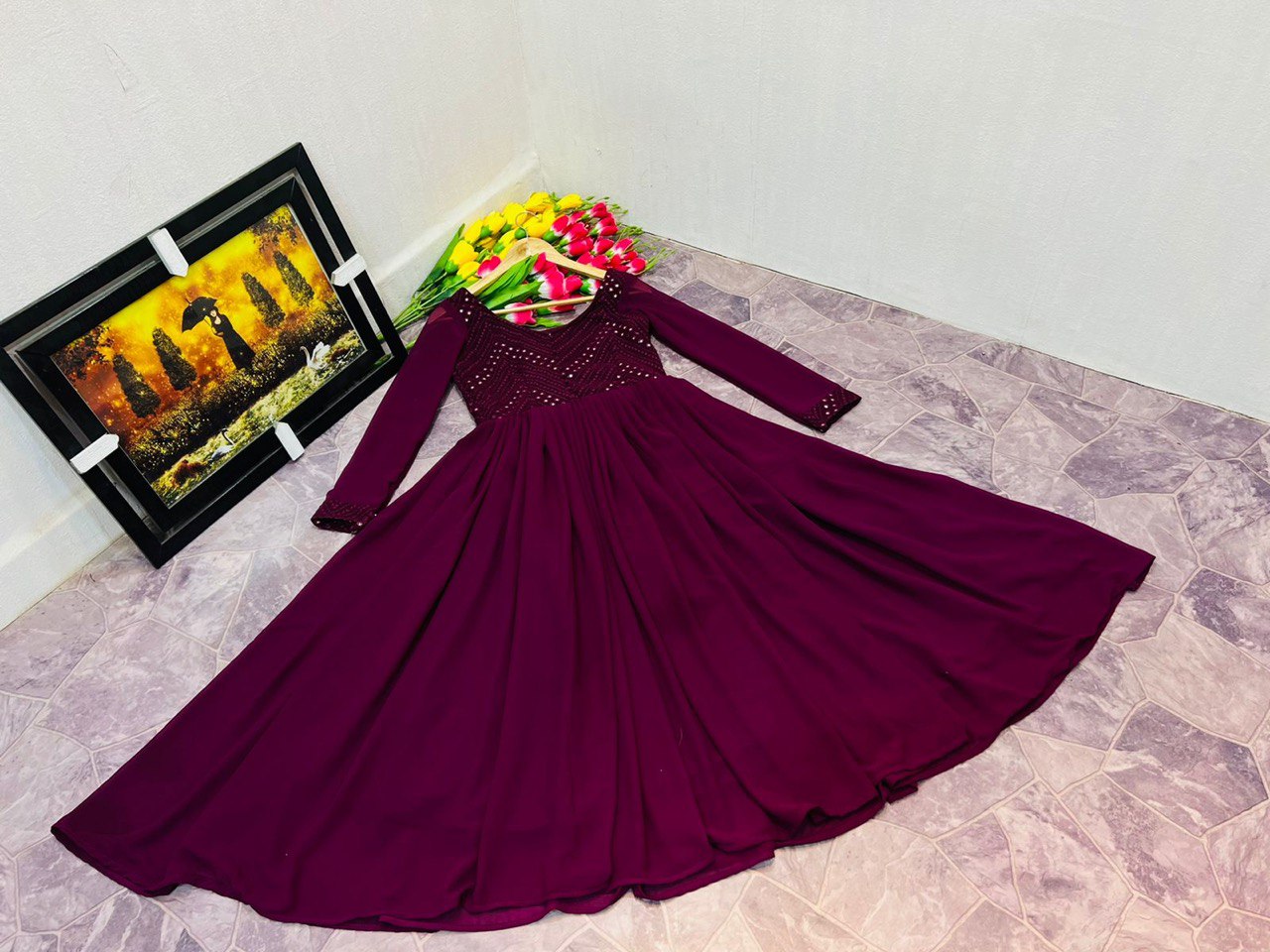 Wine Anarkali Suit In Fox Georgette With 9 MM Sequence Work