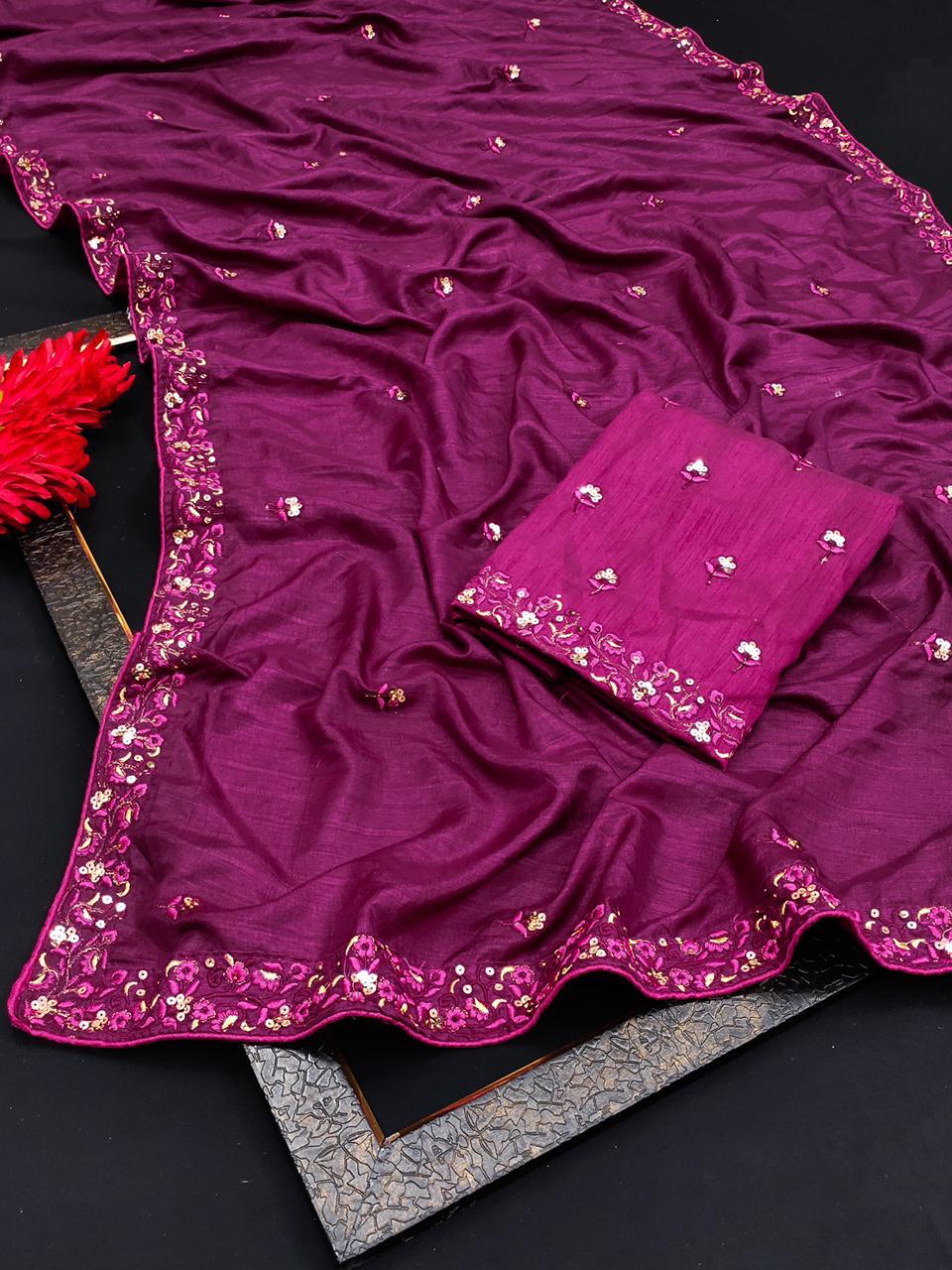 Purple Saree In Vichitra Silk With Multi Embroidery Work