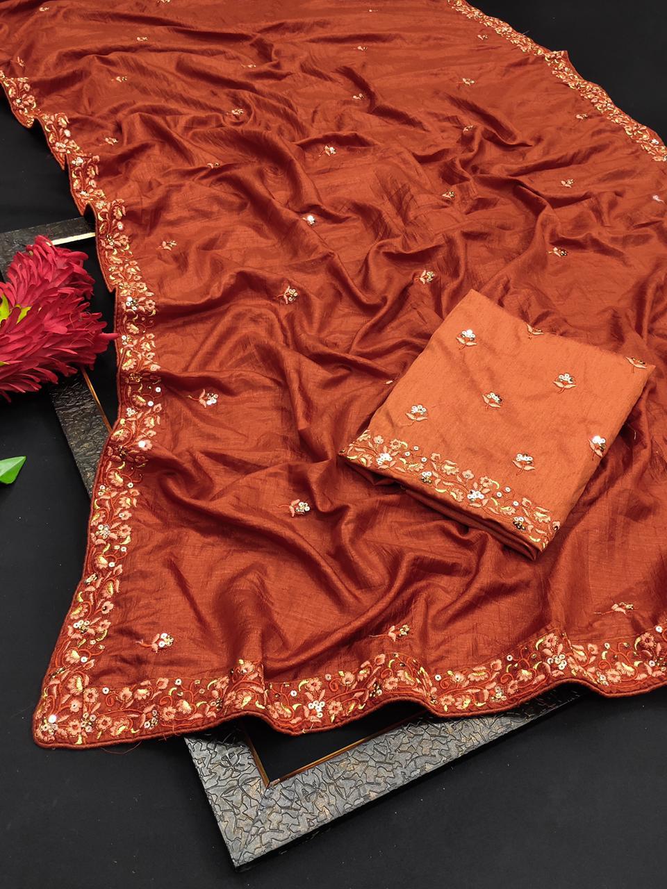 Orange Saree In Vichitra Silk With Multi Embroidery Work