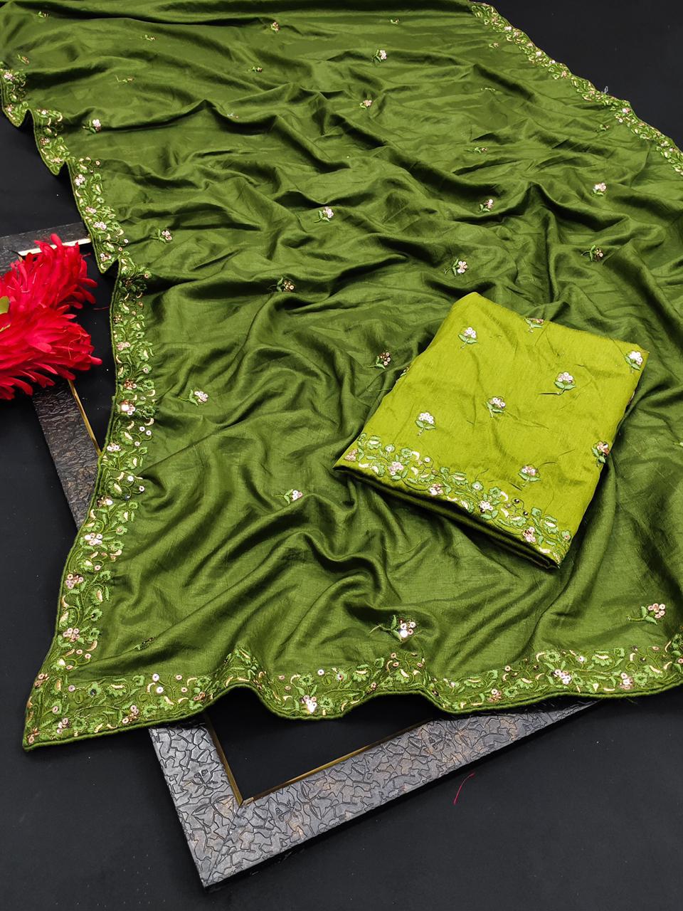 Parrot Green Saree In Vichitra Silk With Multi Embroidery Work