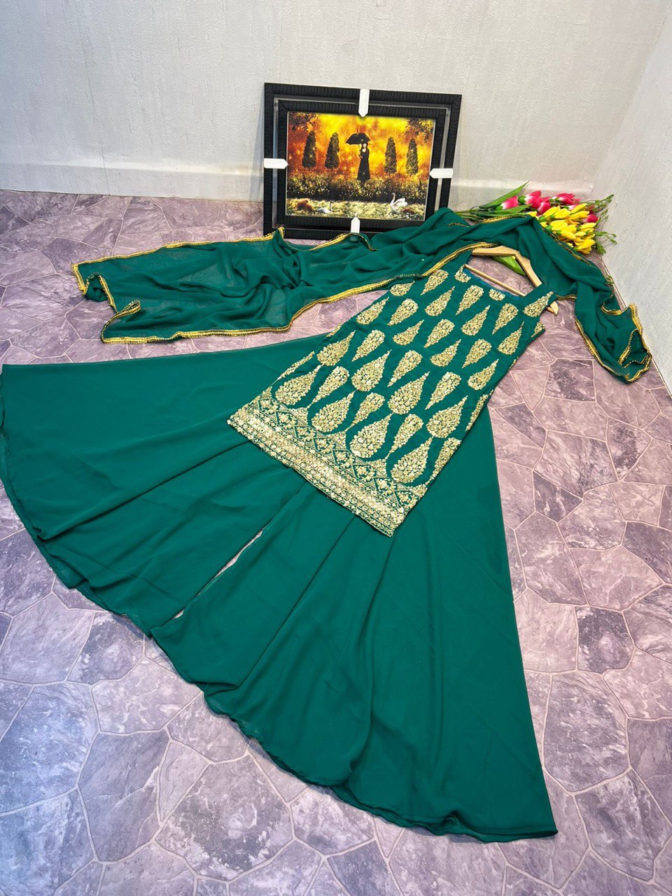 Green Sharara Suit In Fox Georgette With Embroidery Work