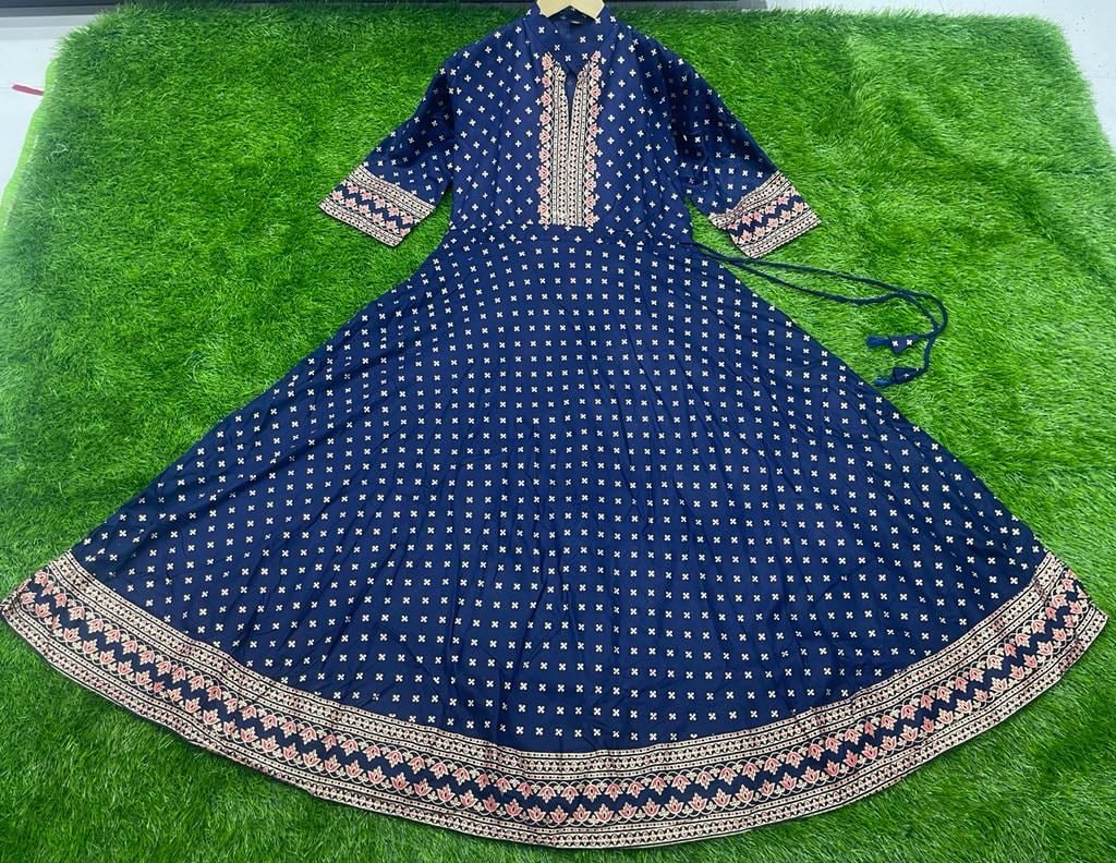 Navy Blue Anarkali Suit In Ryon Cotton With Foil Print Work