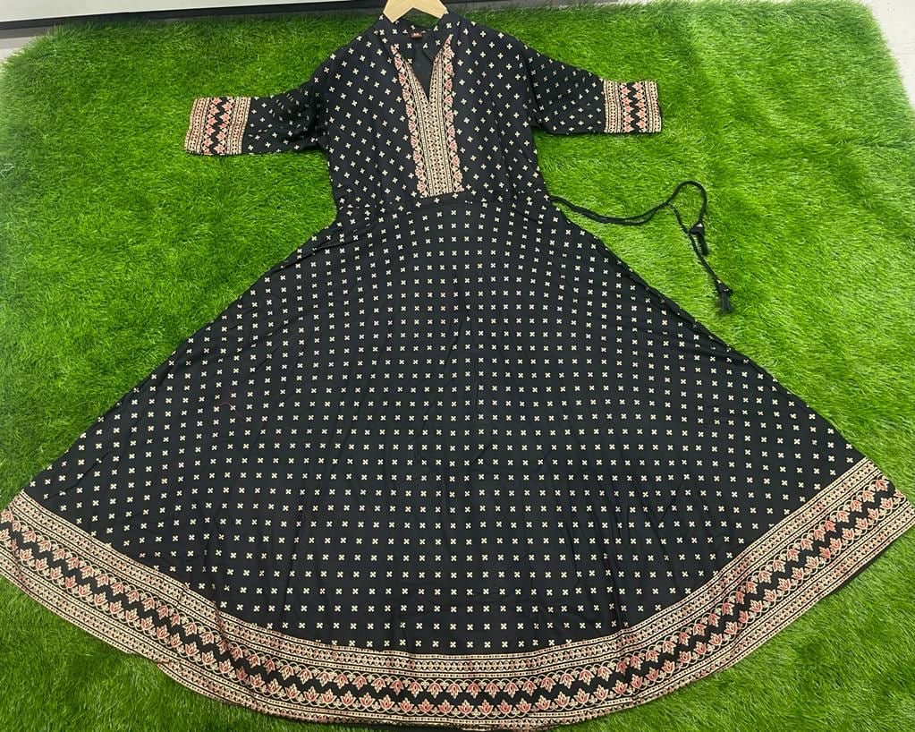 Black Anarkali Suit In Ryon Cotton With Foil Print Work