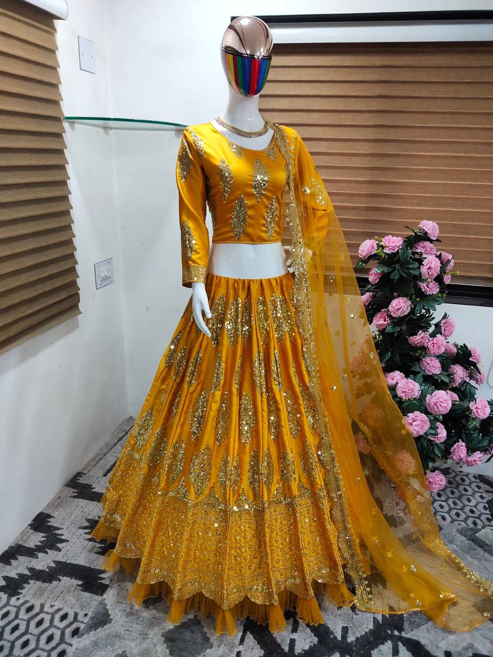 Mustard Yellow Lehenga Choli In Malai Satin Silk With Embroidery Work