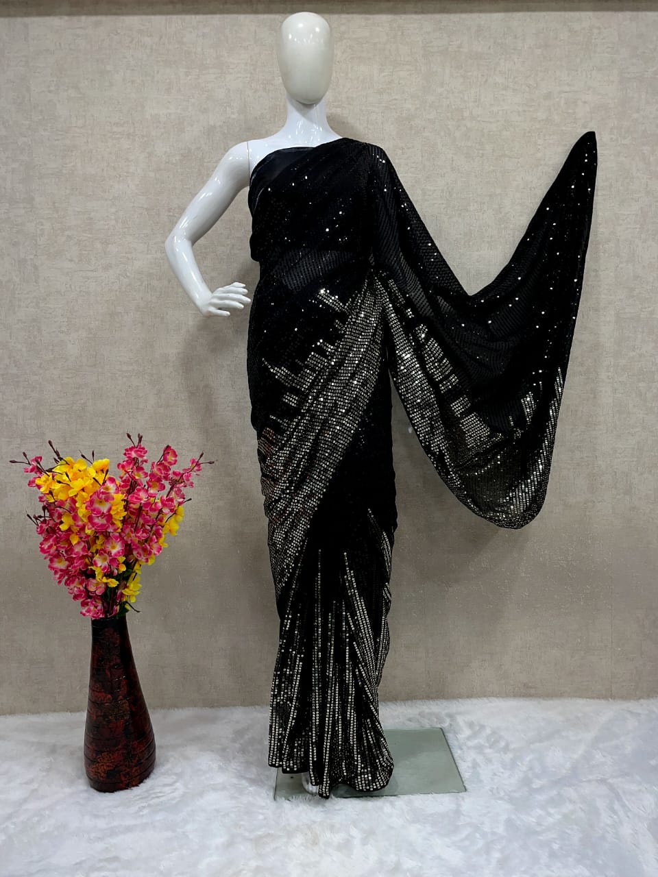 Black Saree In Georgette Silk With 5 MM Sequence Work