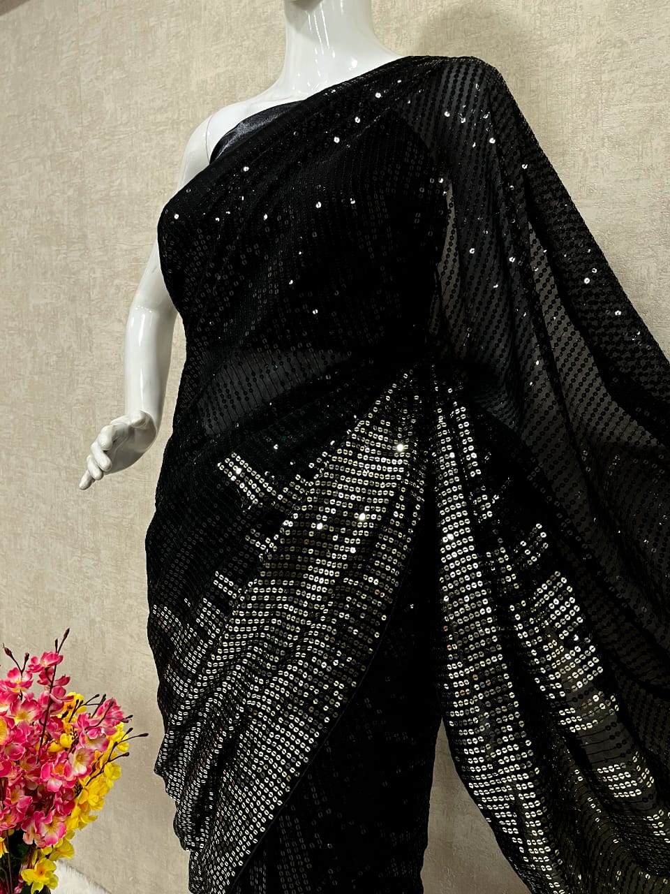 Black Saree In Georgette Silk With 5 MM Sequence Work