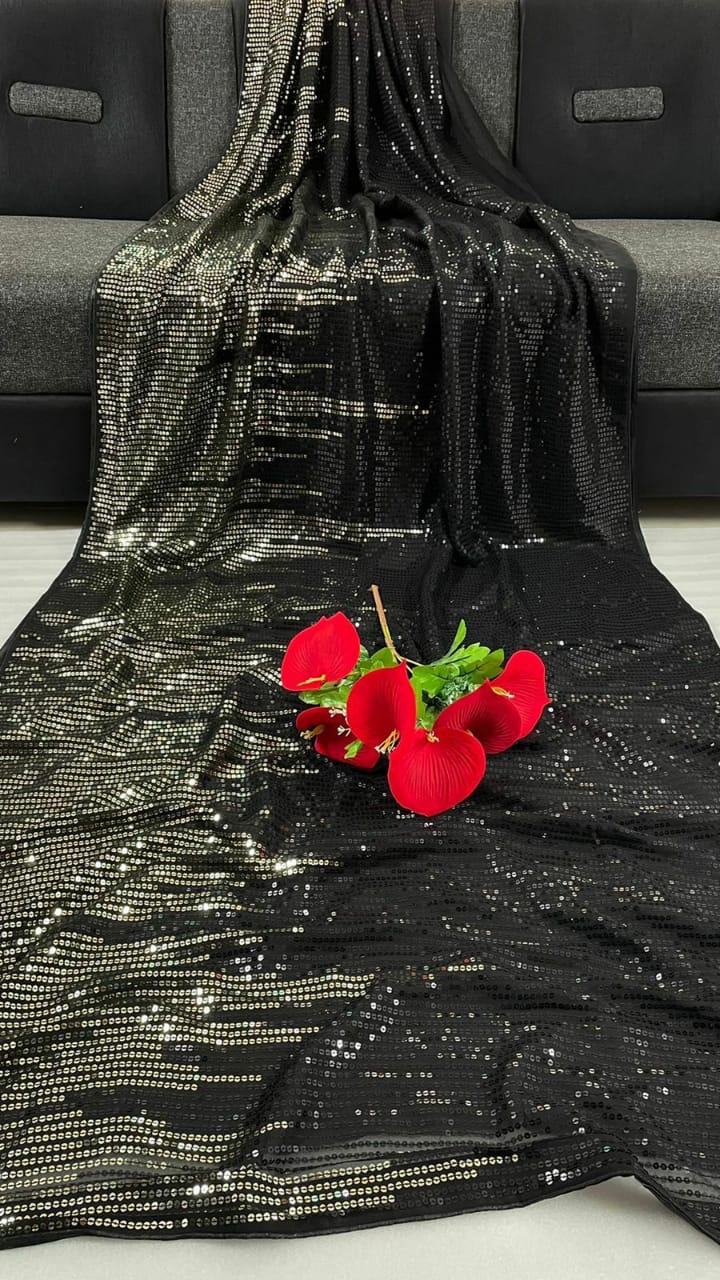 Black Saree In Georgette Silk With 5 MM Sequence Work