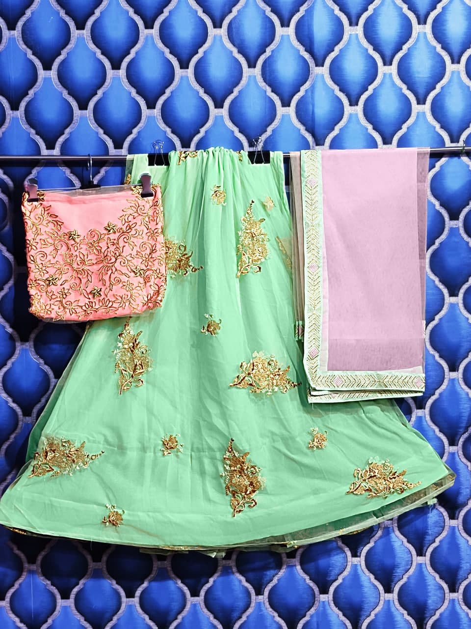 Pista Lehenga Choli In Nylon Mono Net With Embroidery Work