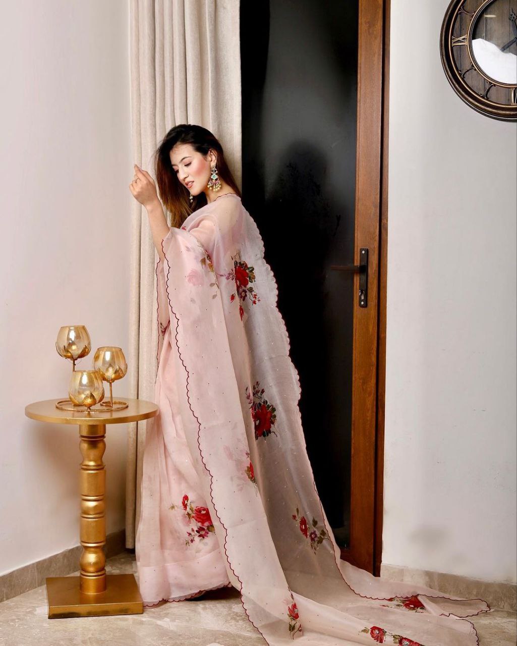 Baby Pink Saree In Organza Silk With Digital Print