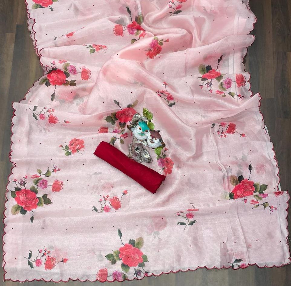 Baby Pink Saree In Organza Silk With Digital Print