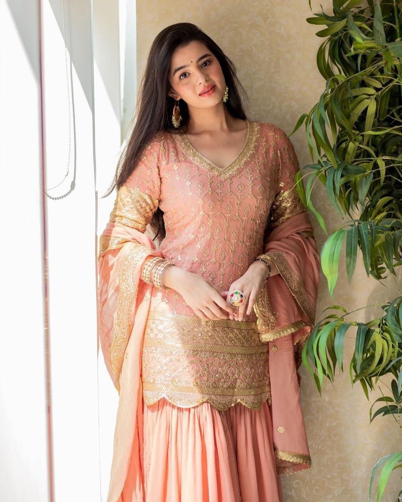 Peach Sharara Suit In Fox Georgette With Sequence Work