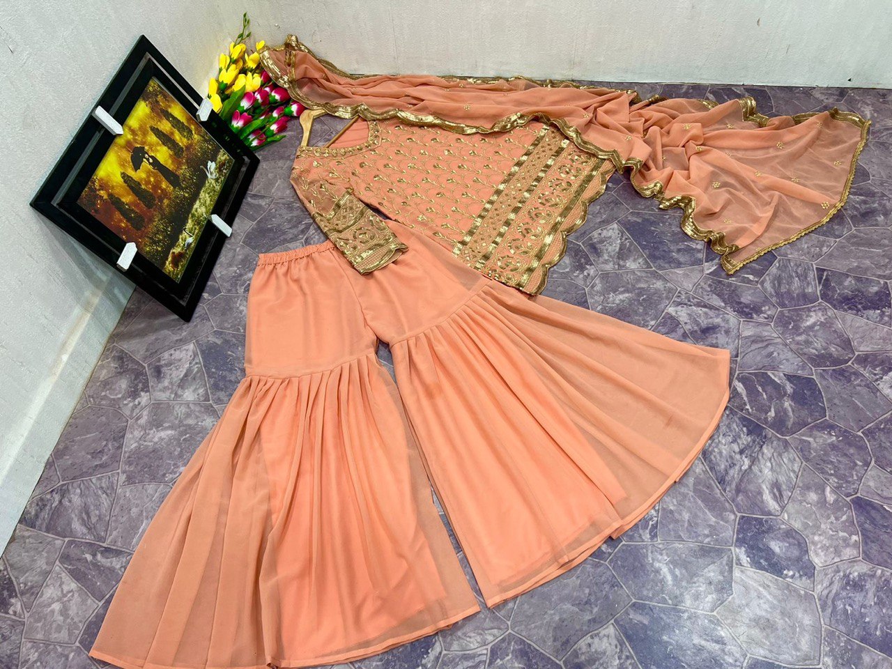 Peach Sharara Suit In Fox Georgette With Sequence Work