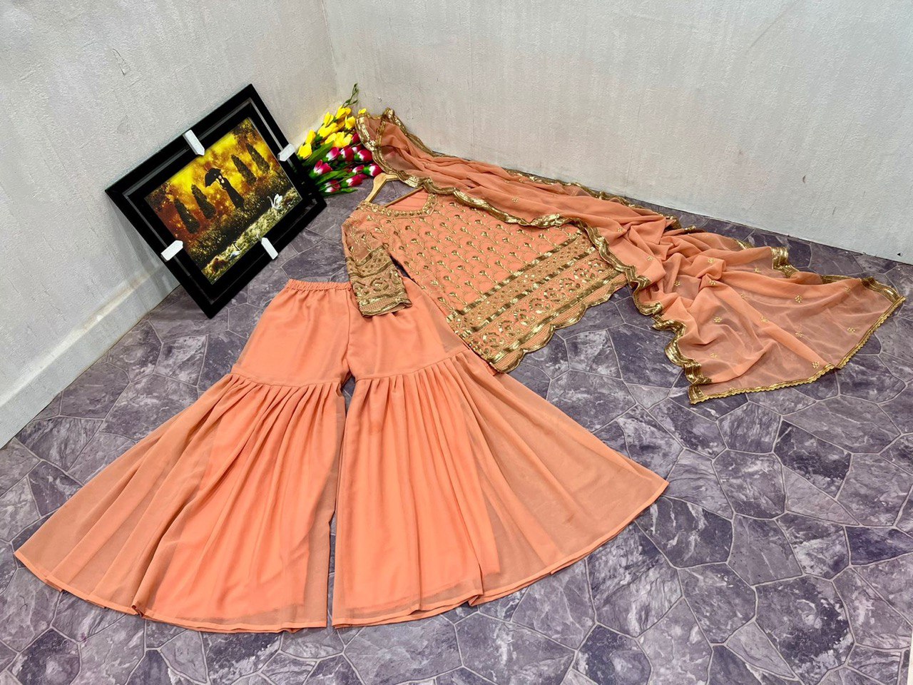 Peach Sharara Suit In Fox Georgette With Sequence Work