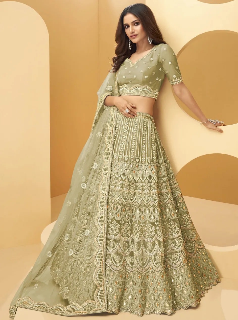 Aqua Green Lehenga Choli In Butterfly Mono Net With Chain Stitch Work